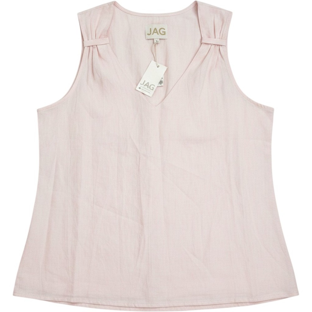 JAG Womens Pink 100% Linen V-Neck Pleated Shoulder Sleeveless Blouse Top NWT